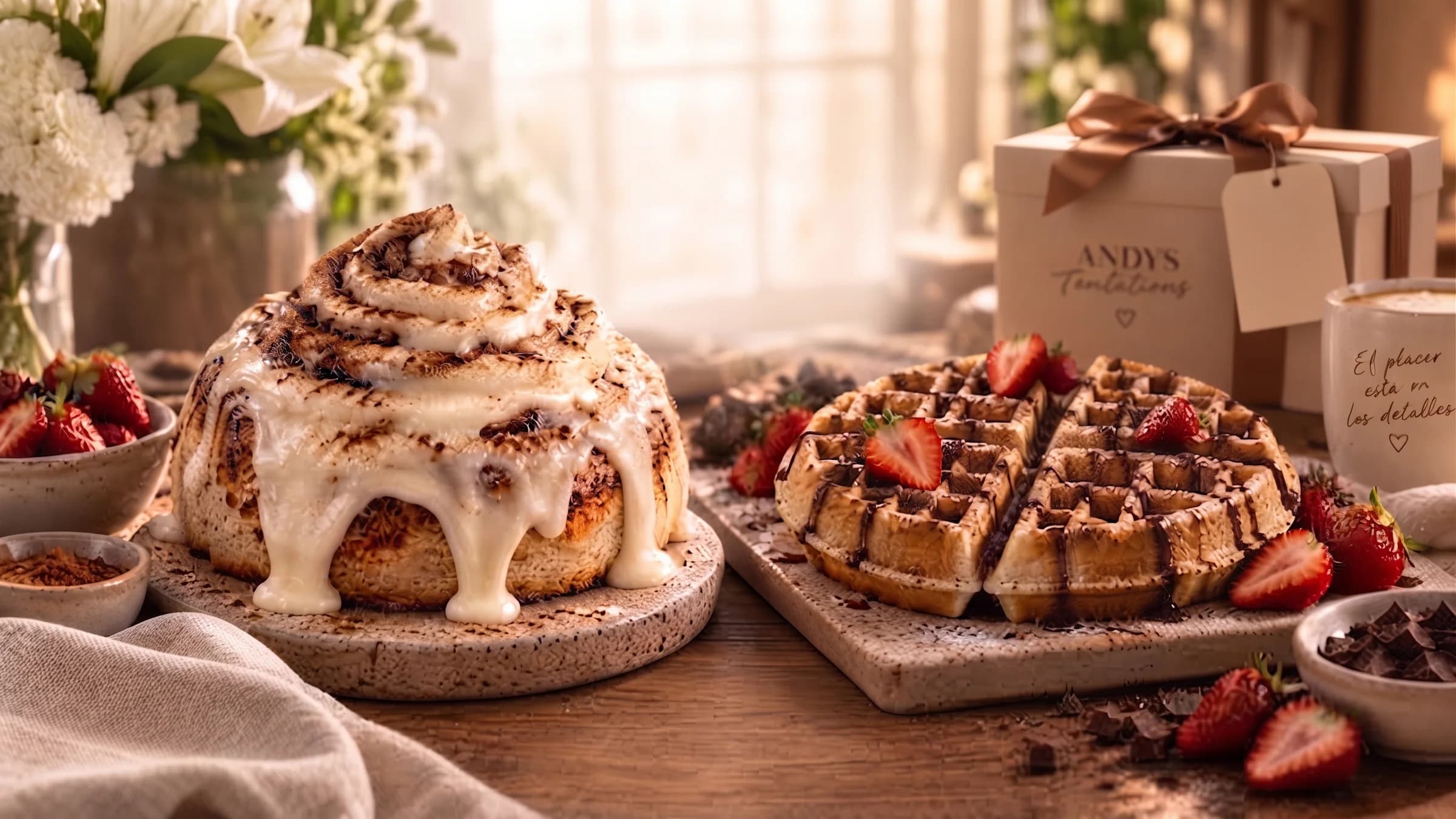 Un roll de canela glaseado y un waffle con fresas sobre una mesa de madera, junto a una caja de regalo de la marca